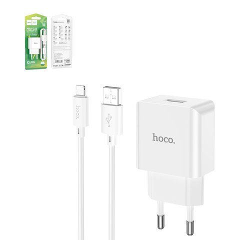 Сетевое зарядное устройство Hoco C106A, 10,5 Вт, белый, с кабелем Lightning для Apple, 1 порт, #6931474783899