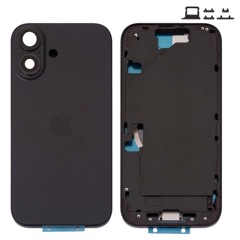 Housing compatible with iPhone 16, black, with SIM card holders, with side buttons, Original PRC , EU version 