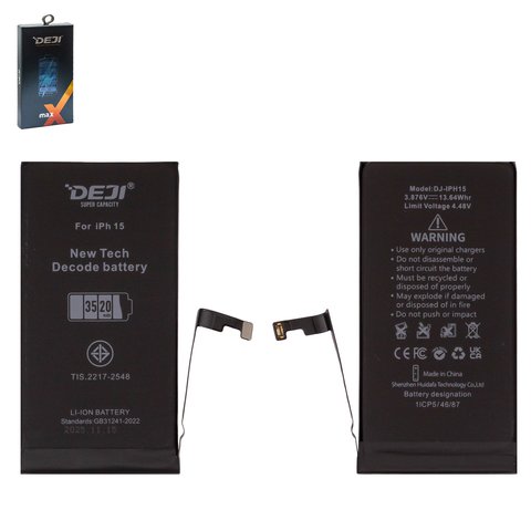 Batería Deji puede usarse con Apple iPhone 15, Li ion, 3.876 V, 3520 mAh, mayor capacidad, sin mensaje de error, decode battery