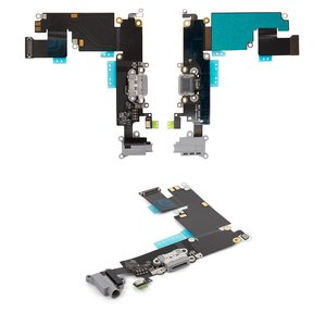 Шлейф для iPhone 6 Plus, конектора навушників, конектора зарядки, чорний, з мікрофоном, з компонентами