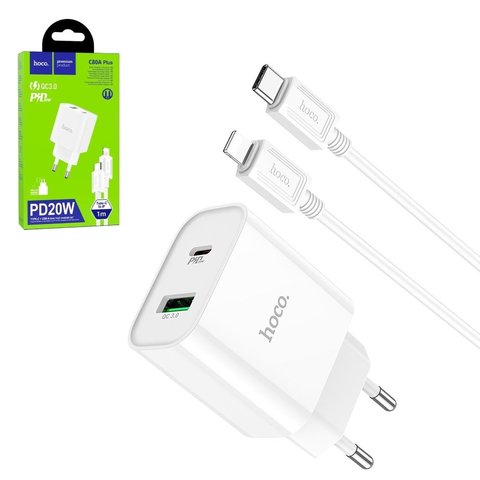 Сетевое зарядное устройство Hoco C80A Plus, 20 Вт, Power Delivery PD , белый, с кабелем Lightning для Apple, 2 порта, #6931474779892