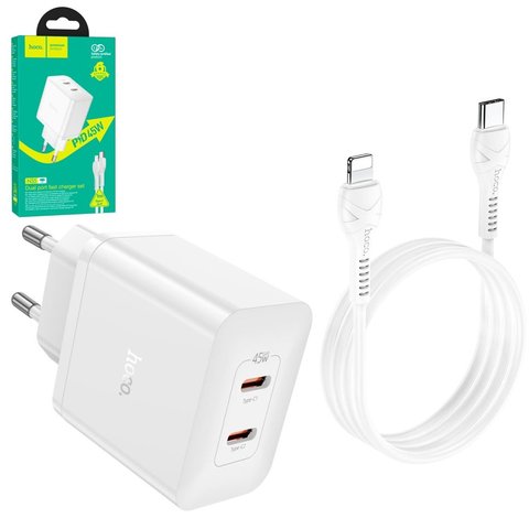 Сетевое зарядное устройство Hoco N35, 45 Вт, Power Delivery PD , белый, c кабелем USB тип C к Lightning для Apple, 2 порта, #6931474797223