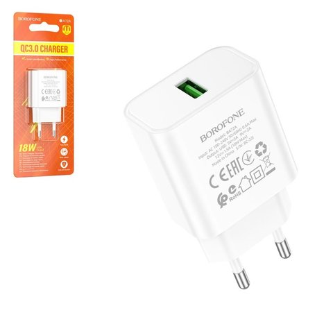 Сетевое зарядное устройство Borofone BA72A, 18 Вт, Quick Charge, белый, 1 порт, #6974443388558