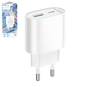 Мережевий зарядний пристрій Hoco C109A, 20 Вт, Quick Charge, Power Delivery PD , білий, 2 порта, #6942007656719