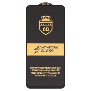 Защитное стекло ESD 6D для Huawei P20 Lite 2019 , P40 Lite, P40 Lite E, Y7p, совместимо с чехлом, Full Glue, Anti Static, без упаковки , черный