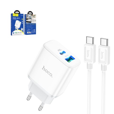Сетевое зарядное устройство Hoco C105A, 20 Вт, Power Delivery PD , 220 В, белый, c кабелем USB тип C к USB тип C, 2 порта, #6931474782922